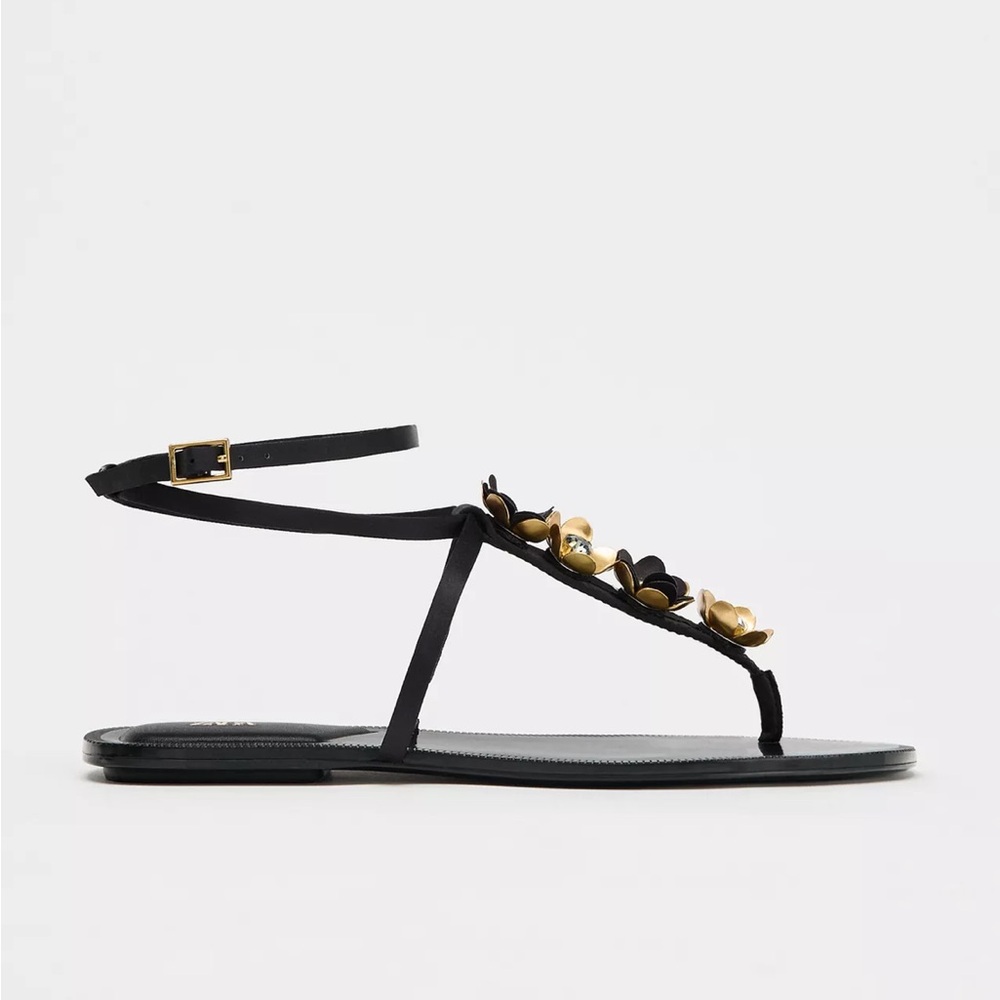 Zara Black T-Strap Sandal with Gold Floral Detail